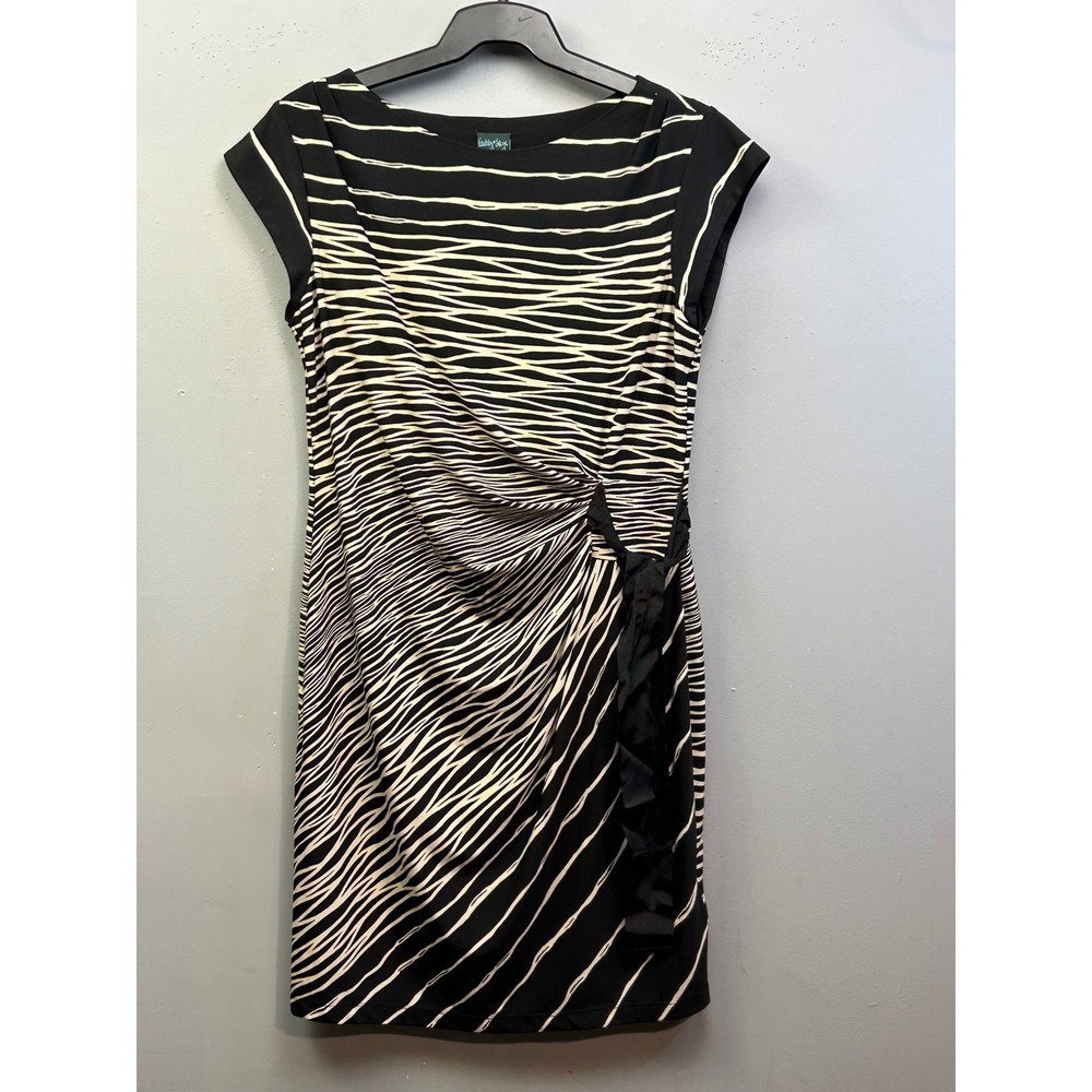 Gabby Skye Sheath‎ Dress Women 14 Black White Abstract Stripe Ruched Side Ruffle